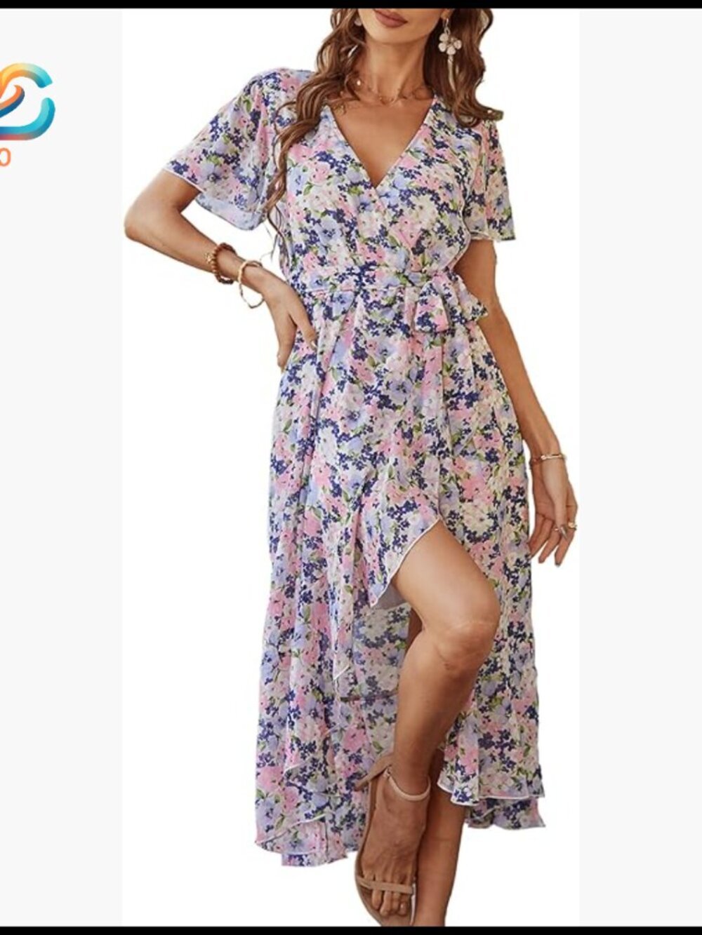 Summer Floral Boho Maxi Dress Wrap V Neck Ruffle Long Flowy Wedding Guest